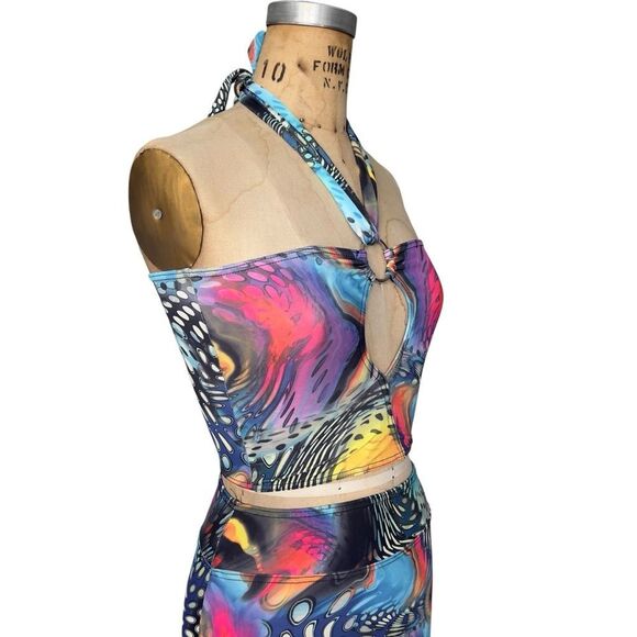 BabyLu Vintage Psychedelic Halter Crop Set - Top Medium Skirt Large - Picture 3 of 6